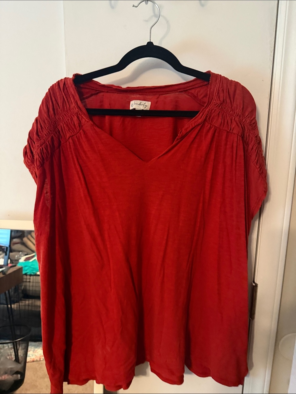 Wonderly Red V-Neck Smocked Shoulder Tunic
